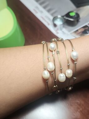 Gold Pearl Multi-Row Bangle Bracelet - White Pearls